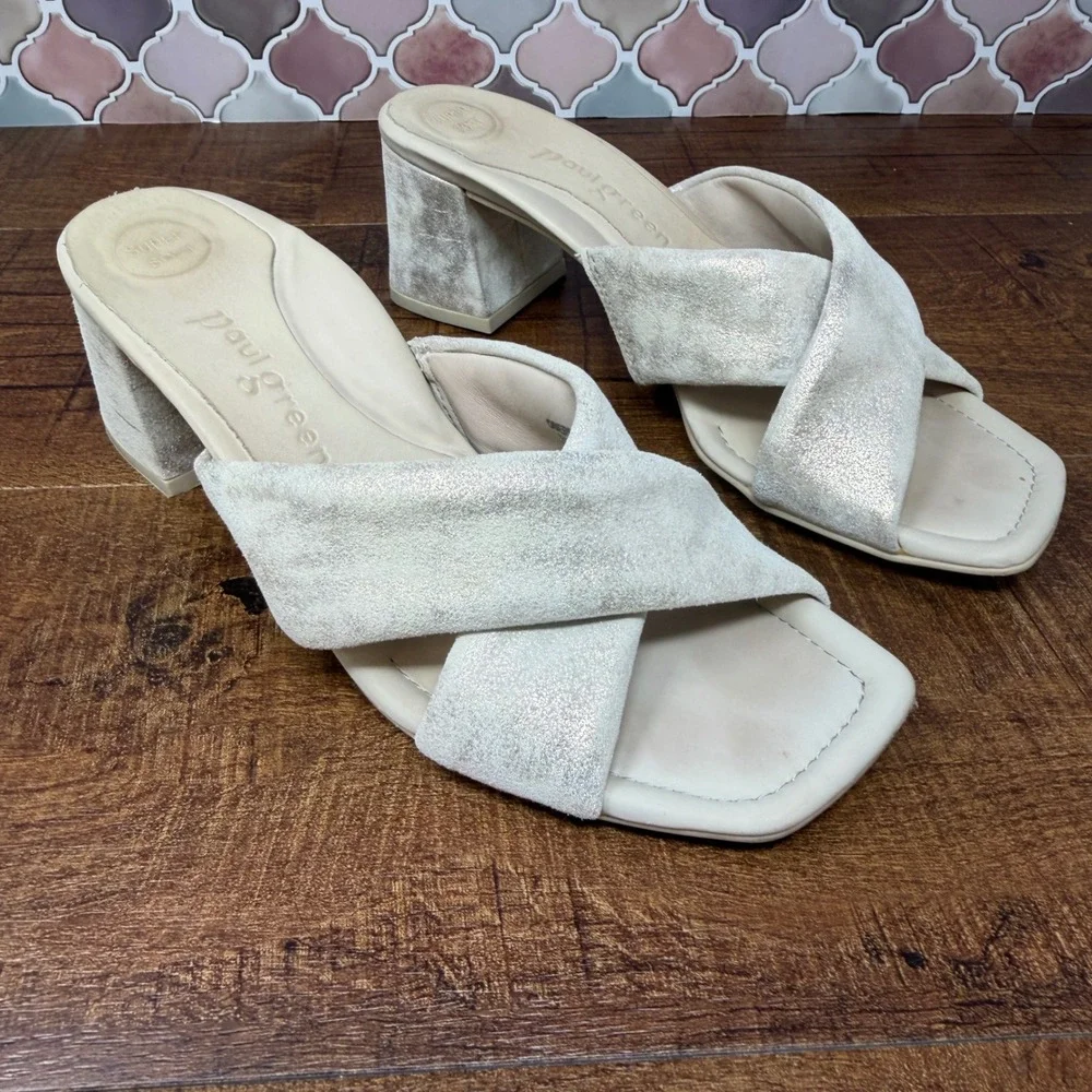 Paul Green Lauren Sandal-Mineral Metallic-Suede Cross Strap Block Heel Sz4/US6.5